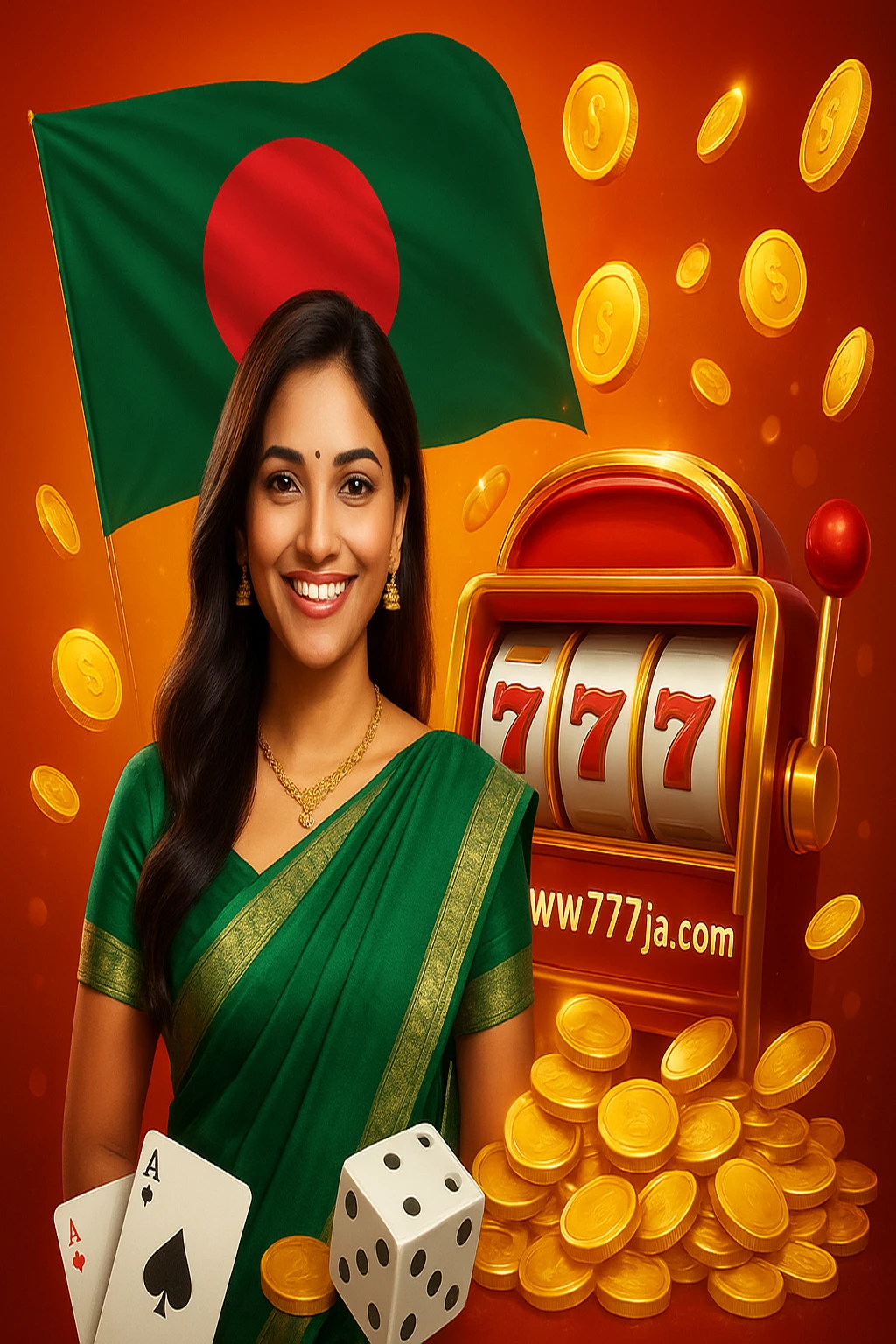 গেমিং সাইট 777ja-র প্রচারণামূলক ছবিতে সবুজ সারি পরিহিত ভারতীয় নারী কার্ড হাতে ধরে আছেন। সঙ্গে 777ja-র আর্কেড-গেম, ডাইস, স্বর্ণমুদ্রা ও বাংলাদেশের পতাকার পটভূমি রয়েছে।