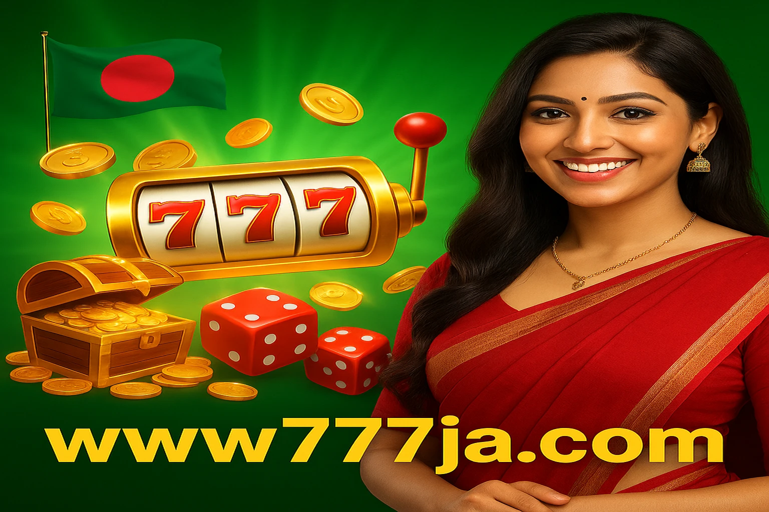 বাংলাদেশ-ভিত্তিক 777ja-র প্রচারণামূলক ব্যানারে লাল সারি পরা ভারতীয় নারী একটি স্মার্টফোন ধরে কার্ড খেলছেন। সঙ্গে আছে আর্কেড-গেম, ধনভাণ্ডার বাক্স, ডাইস ও বাংলাদেশের পতাকার পটভূমি।
